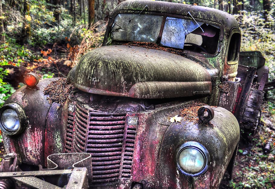 abandoned classic red and green vehicle, car, old, vintage, automobile