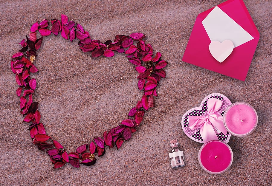 heart-shaped purple leaf decor, marriage proposal, marry, beach