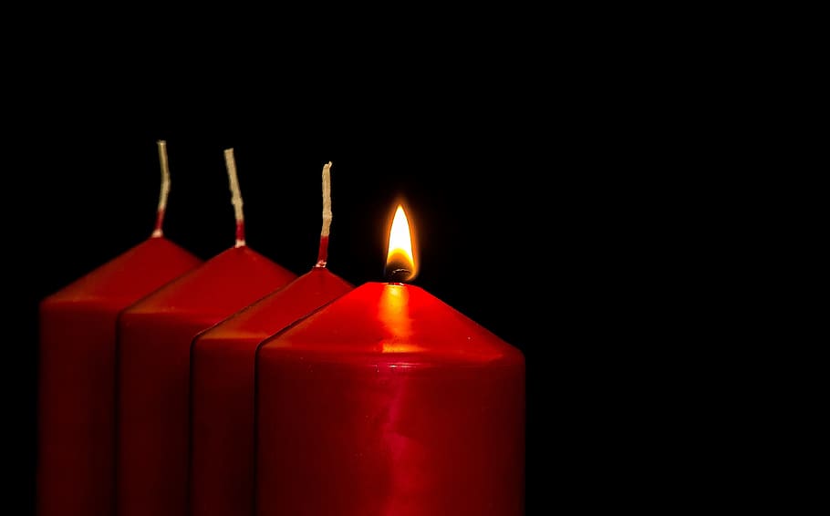 four red pillar candles one is lighten up, advent, 1advent, advent candles, HD wallpaper