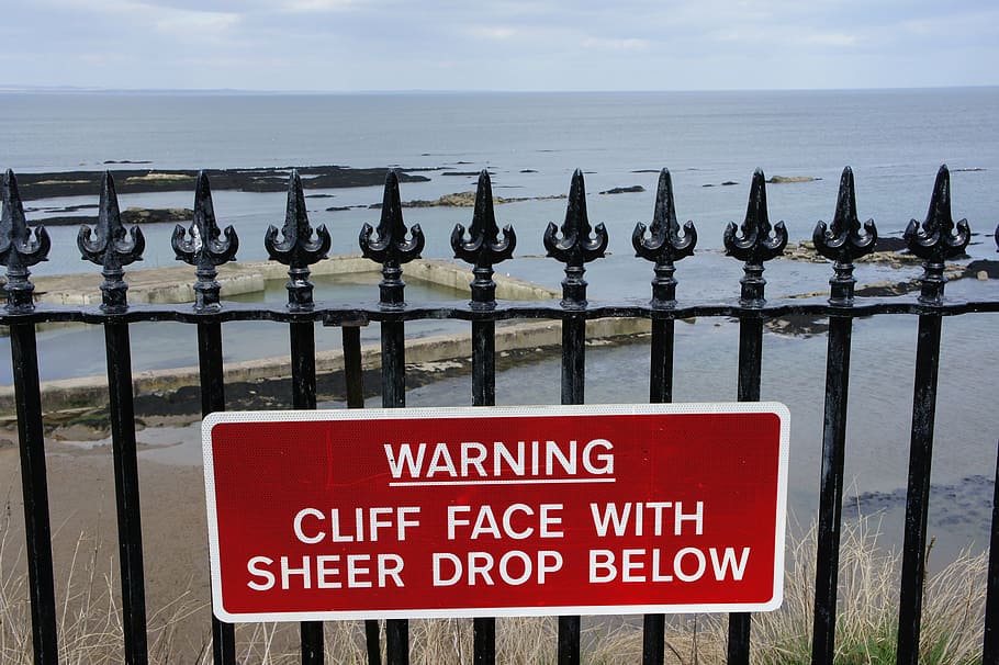 warning, danger, cliff, sign, caution, dangerous, risk, hazard HD wallpaper