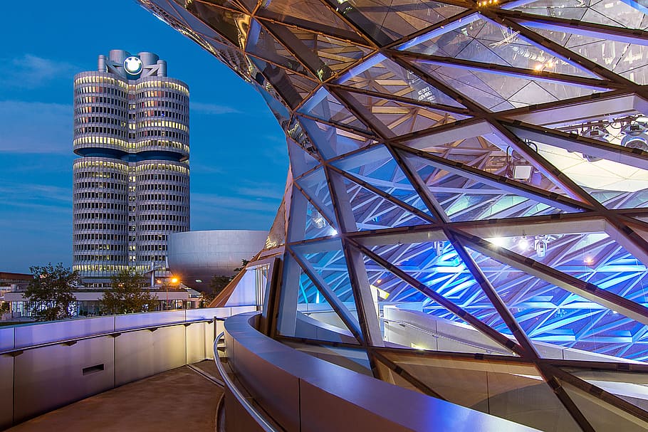 gray state of the art high-rise building, munich, bmw welt, architecture