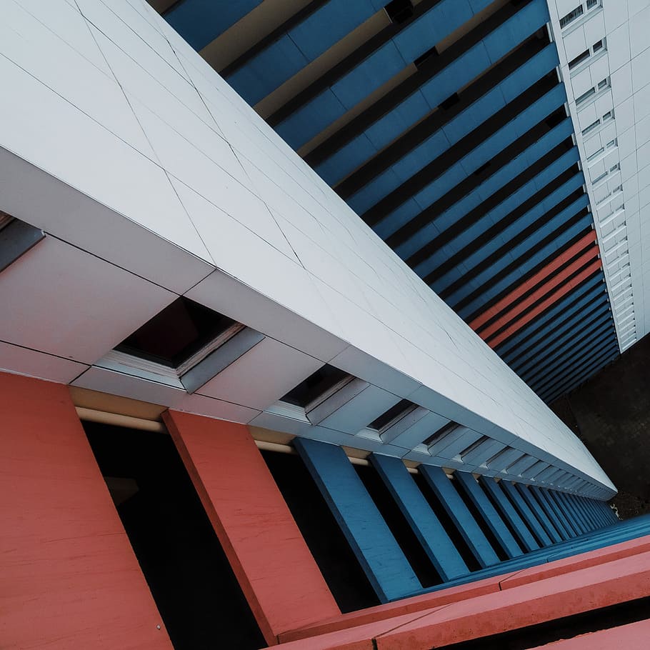 high-angle photography of building, low angle photography of white and blue building HD wallpaper