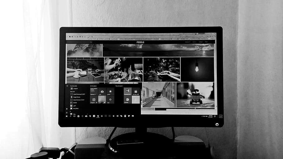 black and white, close -up, computer, desk, electronics, indoors HD wallpaper