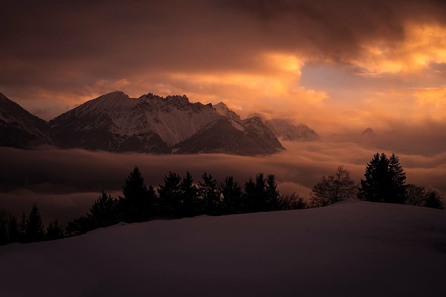 brown mountain in golden hours, landscape, wintry, winter, mountains HD wallpaper