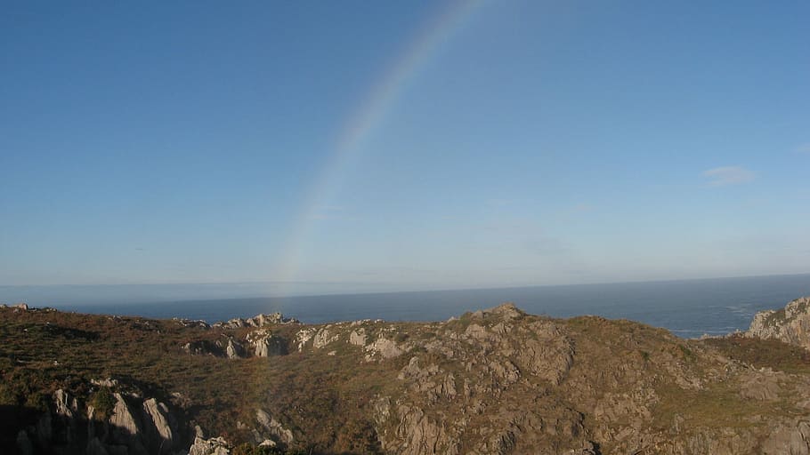 Rainbow, Sea, Sun, Landscape, see, mountains, rocky, summer HD wallpaper