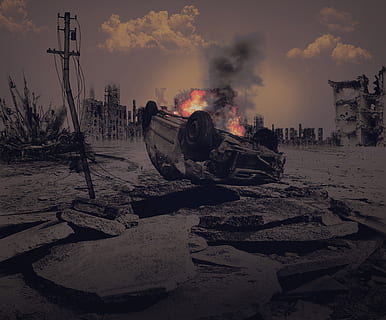 selective color photography of wrecked car, apocalypse, end time HD wallpaper