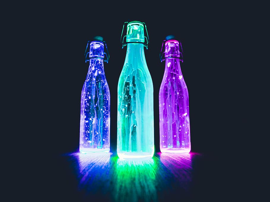 three fairy light bottle lamps, neon, art, color, colorful, mystical, HD wallpaper