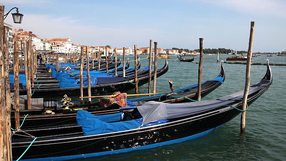 gondolas, venice, waters, boot, sea, travel, port, holiday HD wallpaper