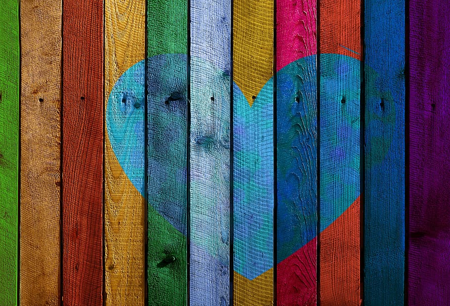 multicolored wood plank, heart, love, boards, branches, spruce, HD wallpaper