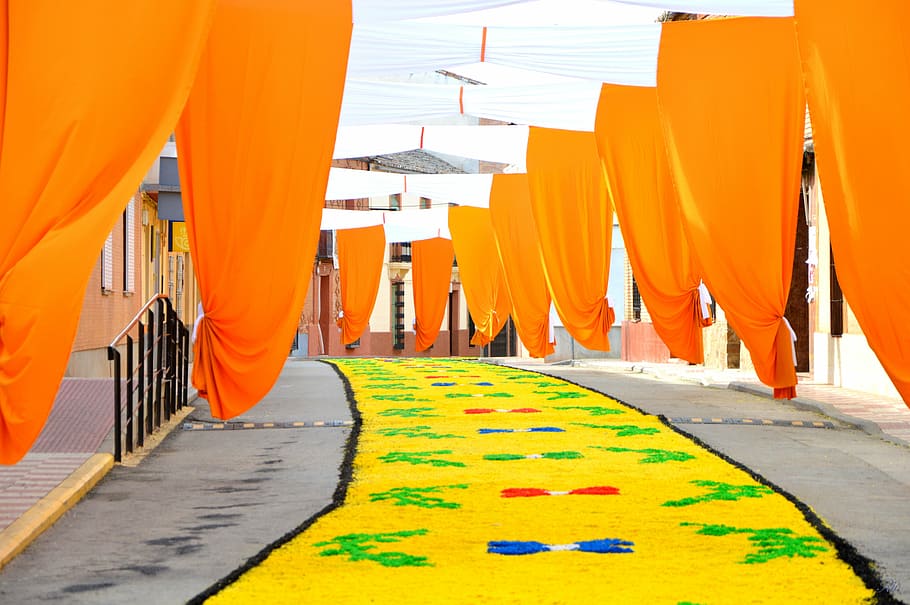 corpus, torrenueva, procession, flowers, soil, street, orange color HD wallpaper