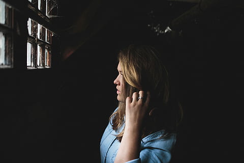 woman in blue dress shirt near window glass, women, people, sadness HD wallpaper