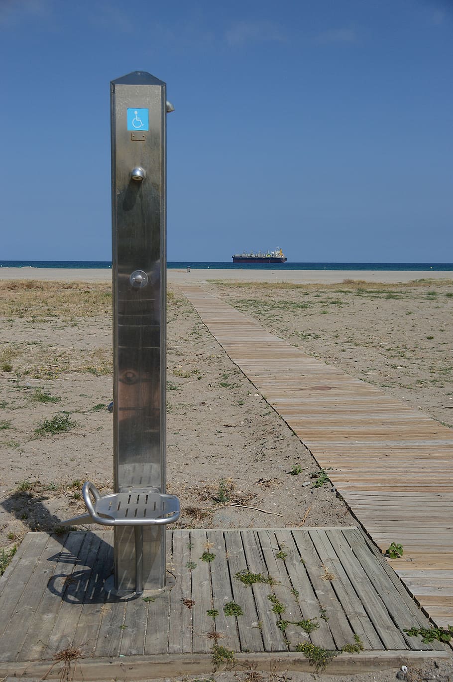 beach, shower, boat, spain, blue, empty, seat, sky, wood - material HD wallpaper
