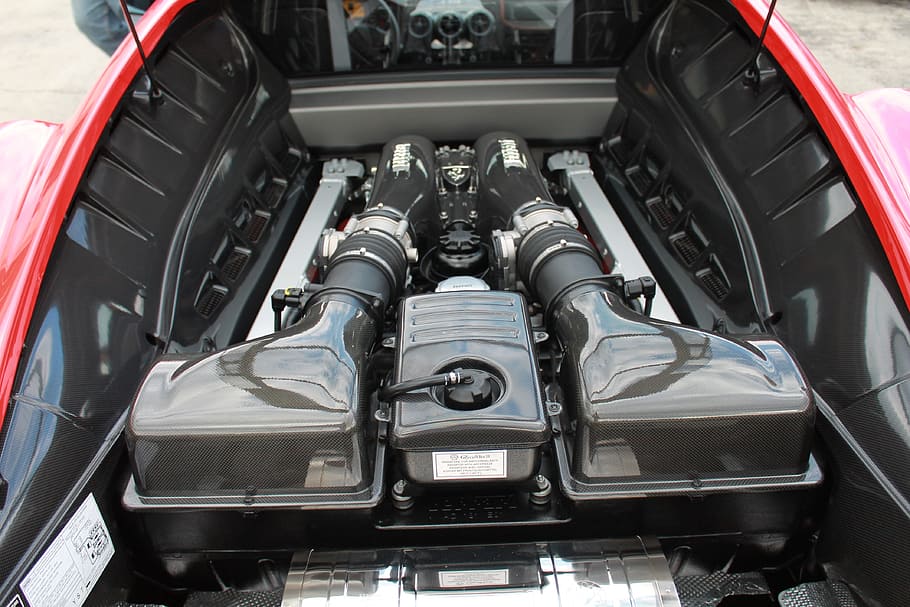 black and red car engine bay, ferrari, automobile, motor, automotive HD wallpaper
