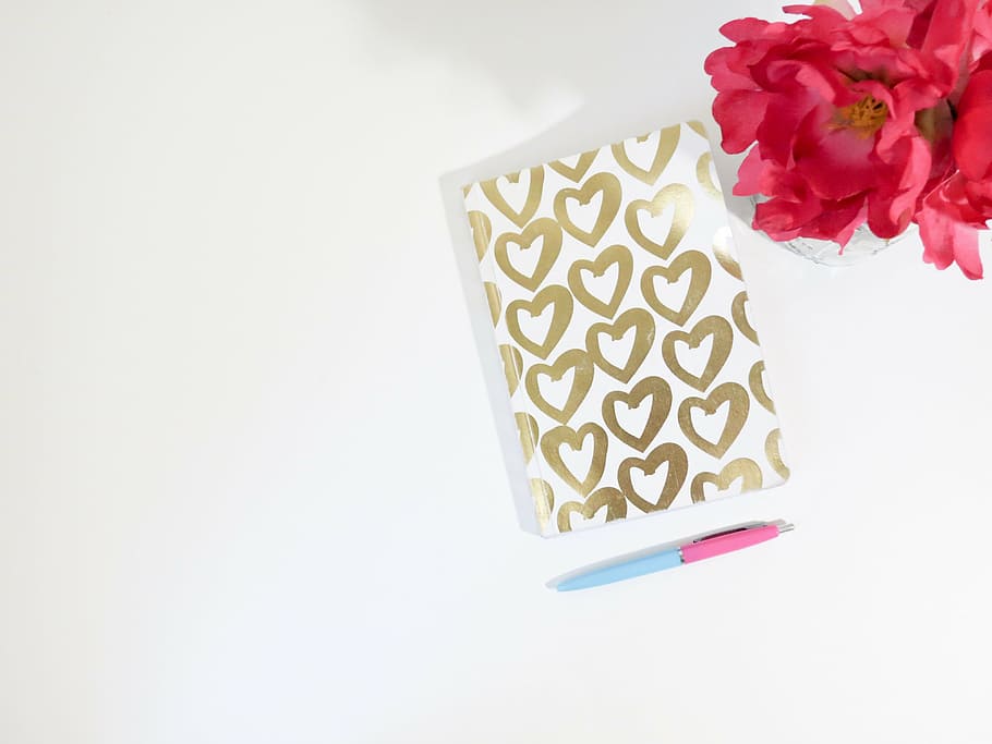 pink peony flower beside wallet, notebook, notes, pens, table HD wallpaper