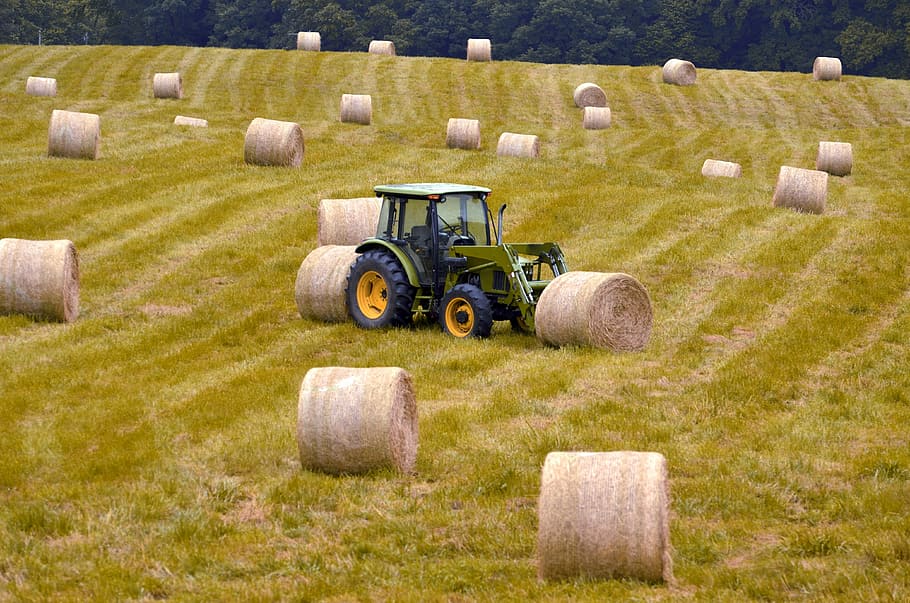 green tractor, bales, hay, agriculture, nature, field, harvest, HD wallpaper