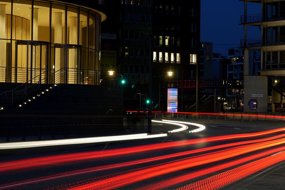 auto, night, movement, long exposure, lights, traffic, illuminated HD wallpaper