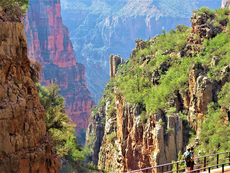 two person standing on bridge, Grand Canyon, Gorge, Dramatic HD wallpaper