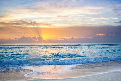 body of water and white sand photo taken during daytime, sunrise HD wallpaper