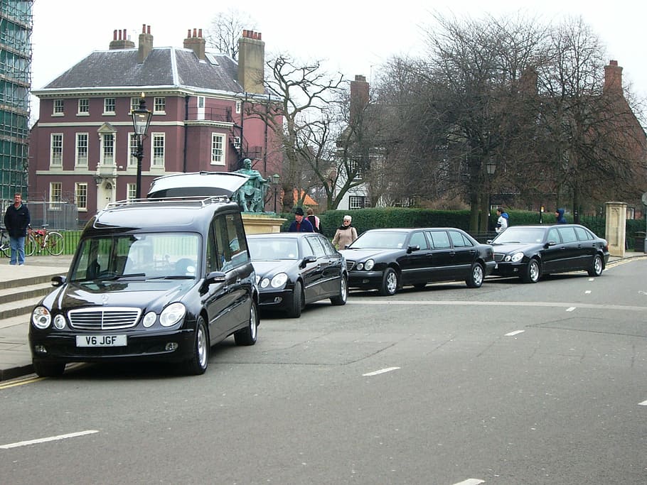 four vehicles parked outside highway, funeral, hearse, death, HD wallpaper