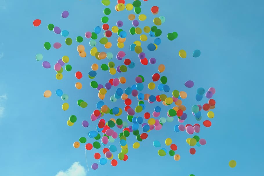 photo of balloons on the sky, low, angled, photography, red HD wallpaper