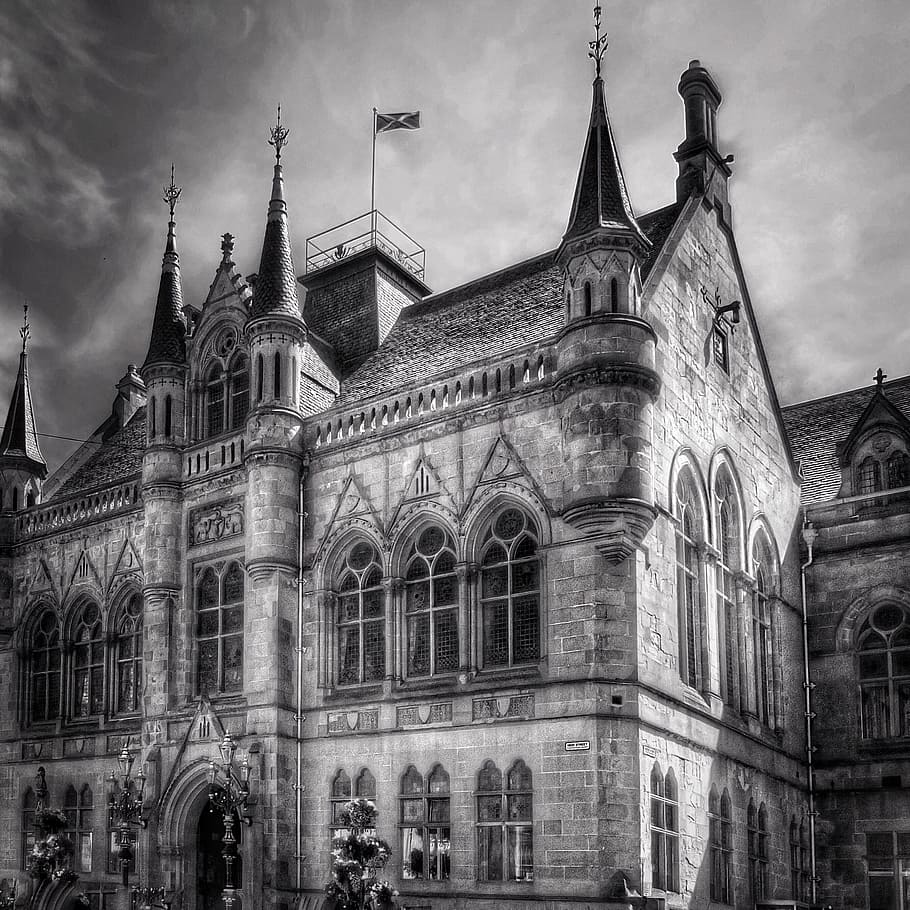 grayscale photo of establishment, home, old, architecture, villa HD wallpaper