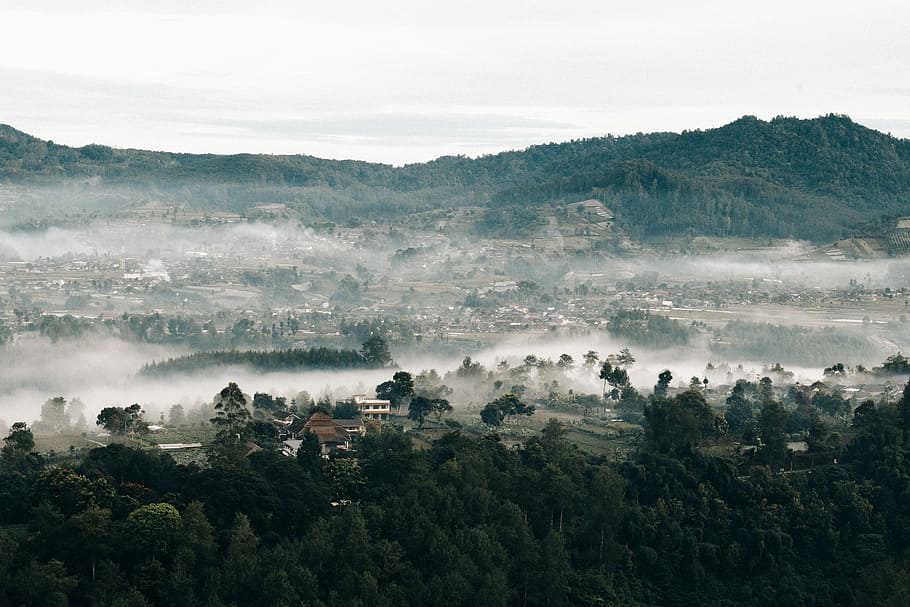 green mountain, aerial photography of village during daytime HD wallpaper