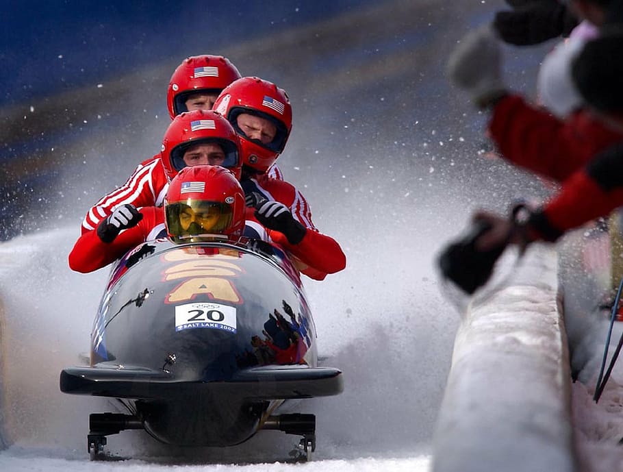 four man riding black vehicle on ice, bobsled, team, run, olympics HD wallpaper