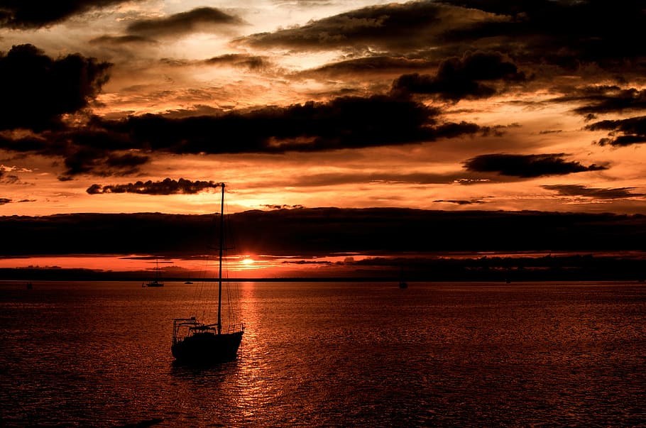sunset, red sky, clouds, dusk, silhouette, outdoor, warm, ocean HD wallpaper