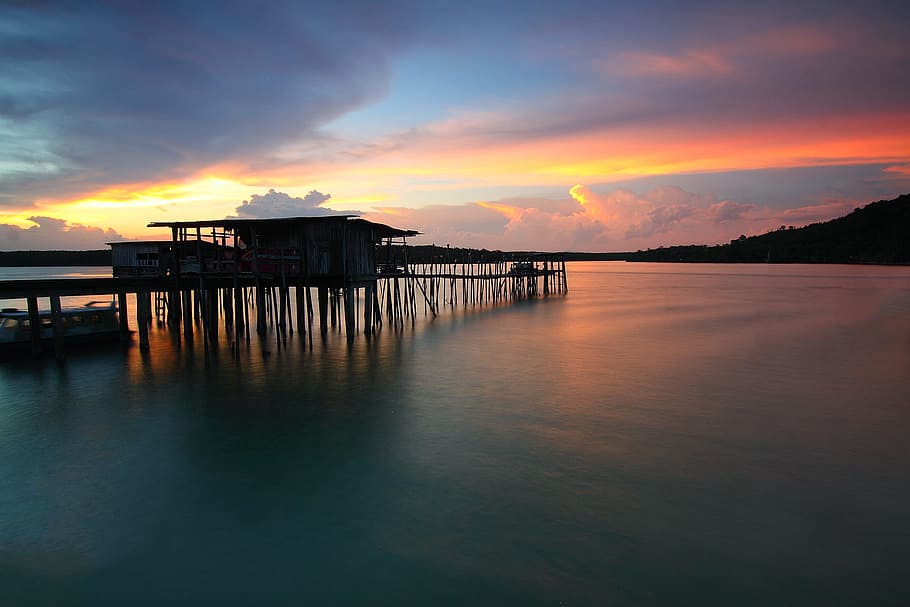 jetty, sea, dawn, landscape, beach, bridge, calm waters, clouds HD wallpaper