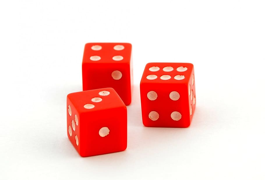 three red-and-white dices, points, gambling, cubes, luck, game of chance HD wallpaper