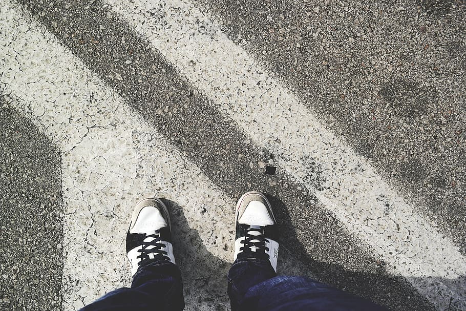 crosswalk, feet, pair, path, pedestrian crossing, shoes, standing HD wallpaper