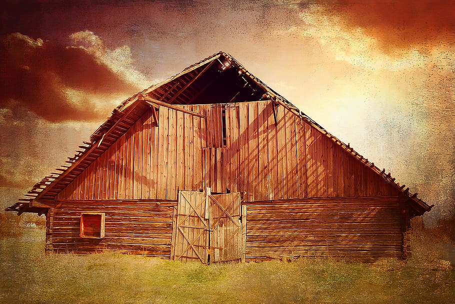log cabin, heustadel, scale, hut, meadow, sky, clouds, sunlight HD wallpaper