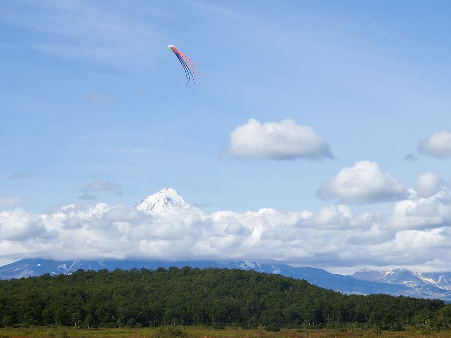 sky, clouds, kite, flight, height, volcano, forest, open space HD wallpaper