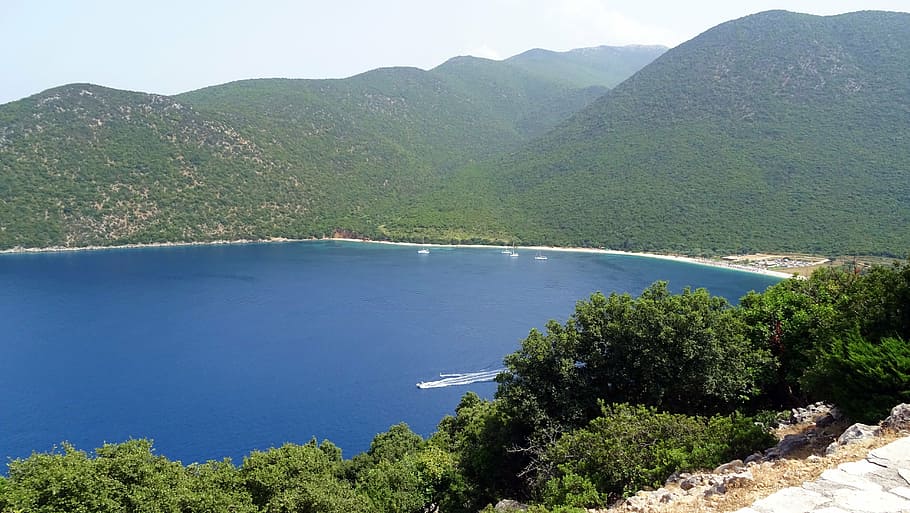 greece, island, cephalonia, kefalonia, blue, sea, bay, antisamos