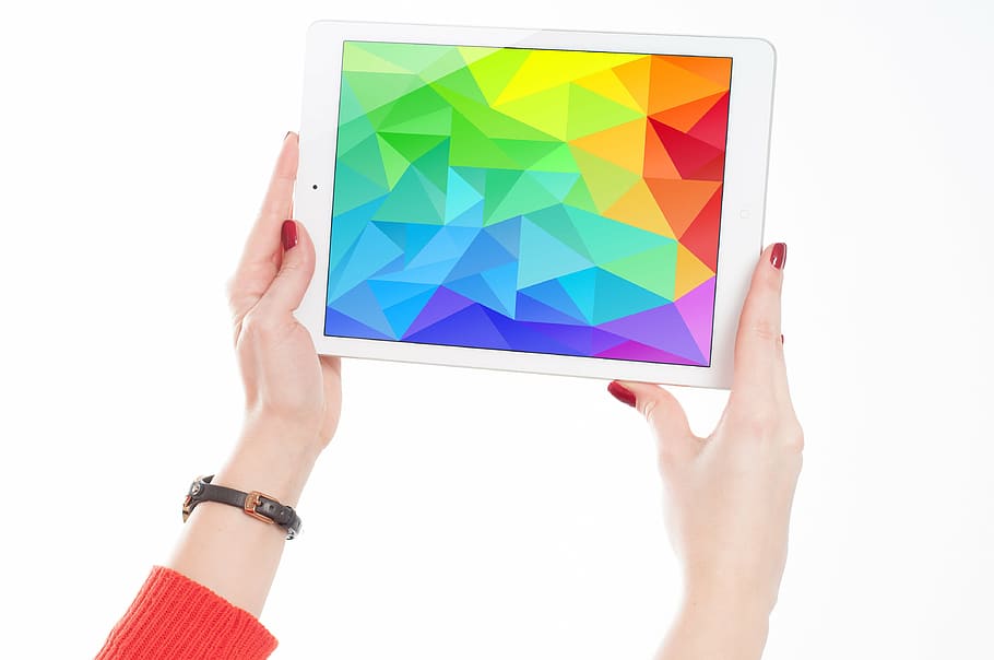 woman holding white tablet, ipad, mockup, apple, business, computer