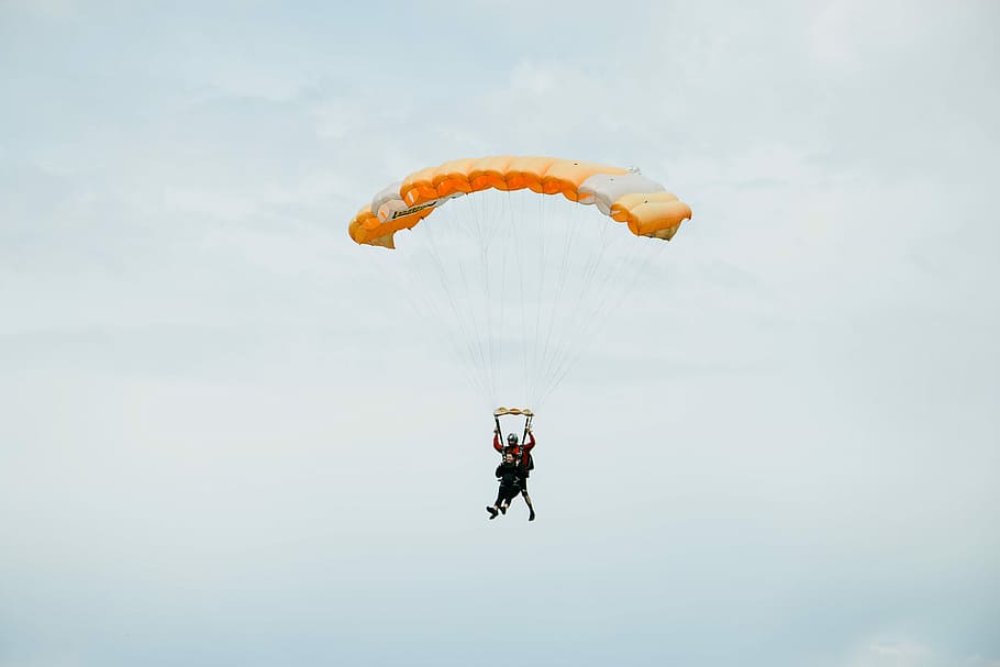 person paragliding, plane, courageou, joy, parachute, orange HD wallpaper