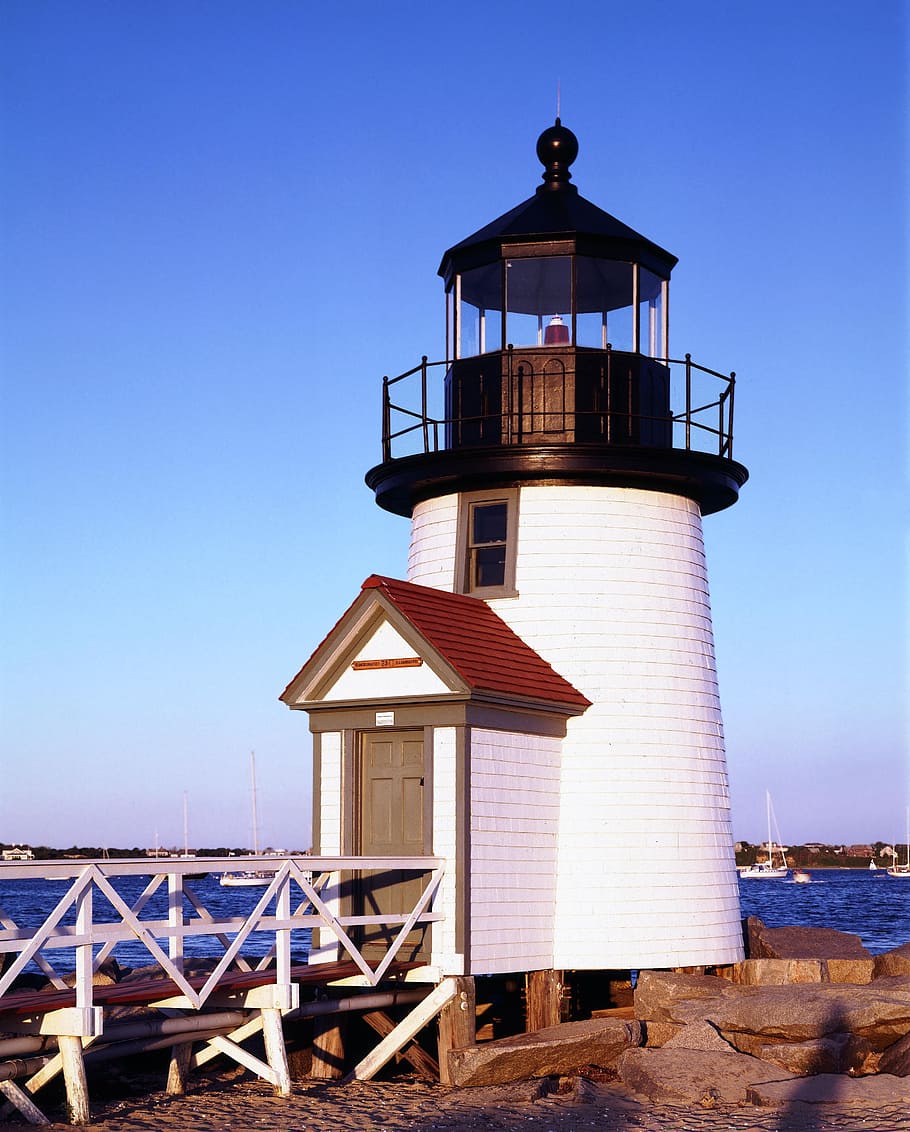 white and black lighthouse tower, beacon, building, coast, sky HD wallpaper