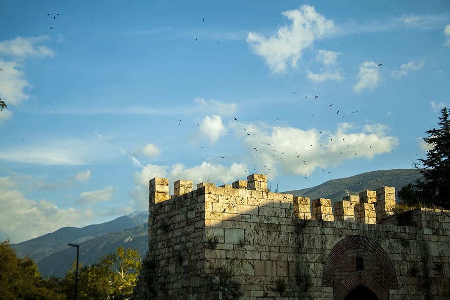 Castle, Door, Clouds, Birds, sky, architecture, old Ruin, ancient HD wallpaper