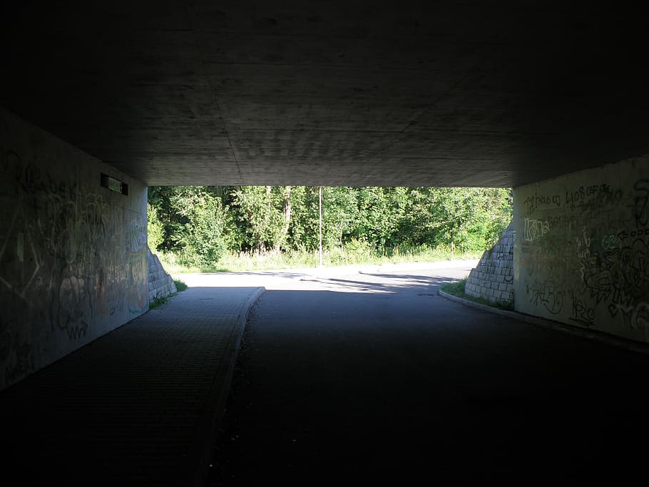 underpass, tunnel, subway, graffiti, dark, transportation, architecture HD wallpaper