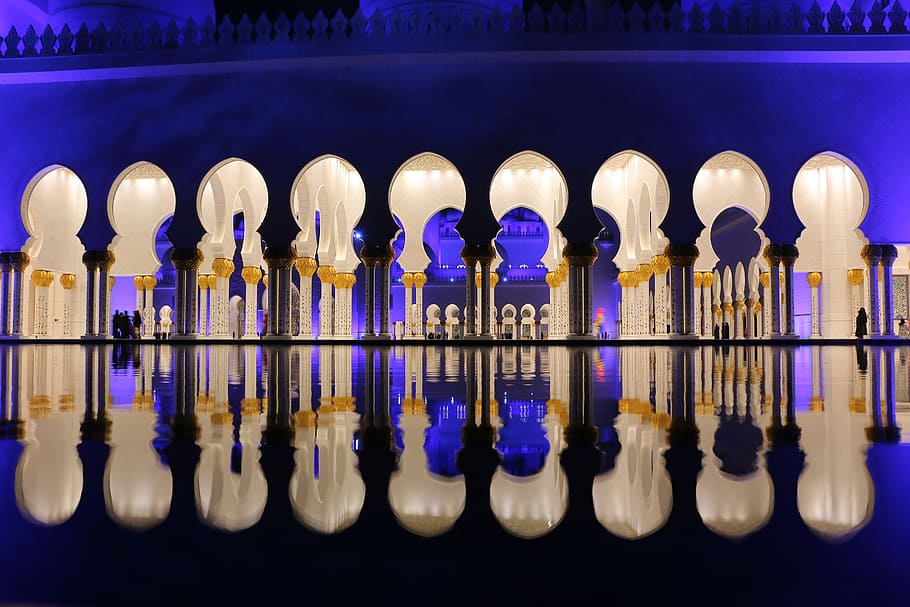 lights, building, architecture, reflections, arabian, outdoors HD wallpaper