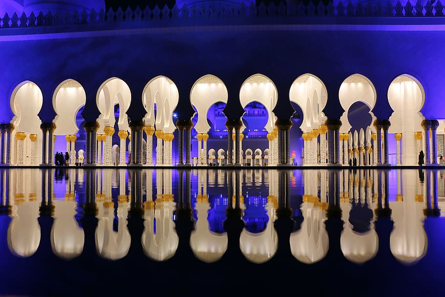 concrete temple with lights turned on, sheikh zayed mosque, masjid