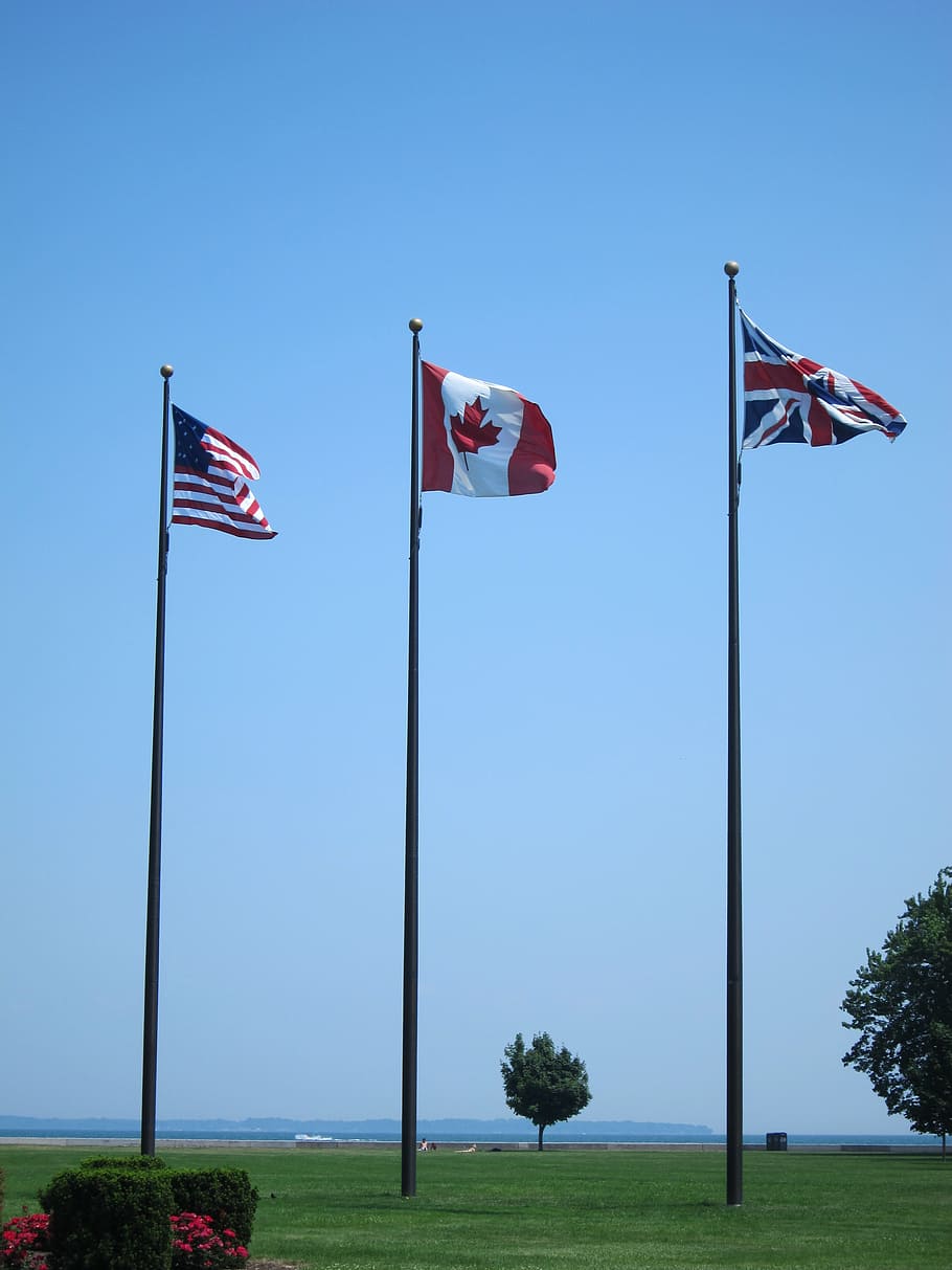 flag, sky, america, canada, britain, wind, patriotism, sunny