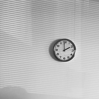 black analog wall clock displaying 1:58, time, white, day, office HD wallpaper