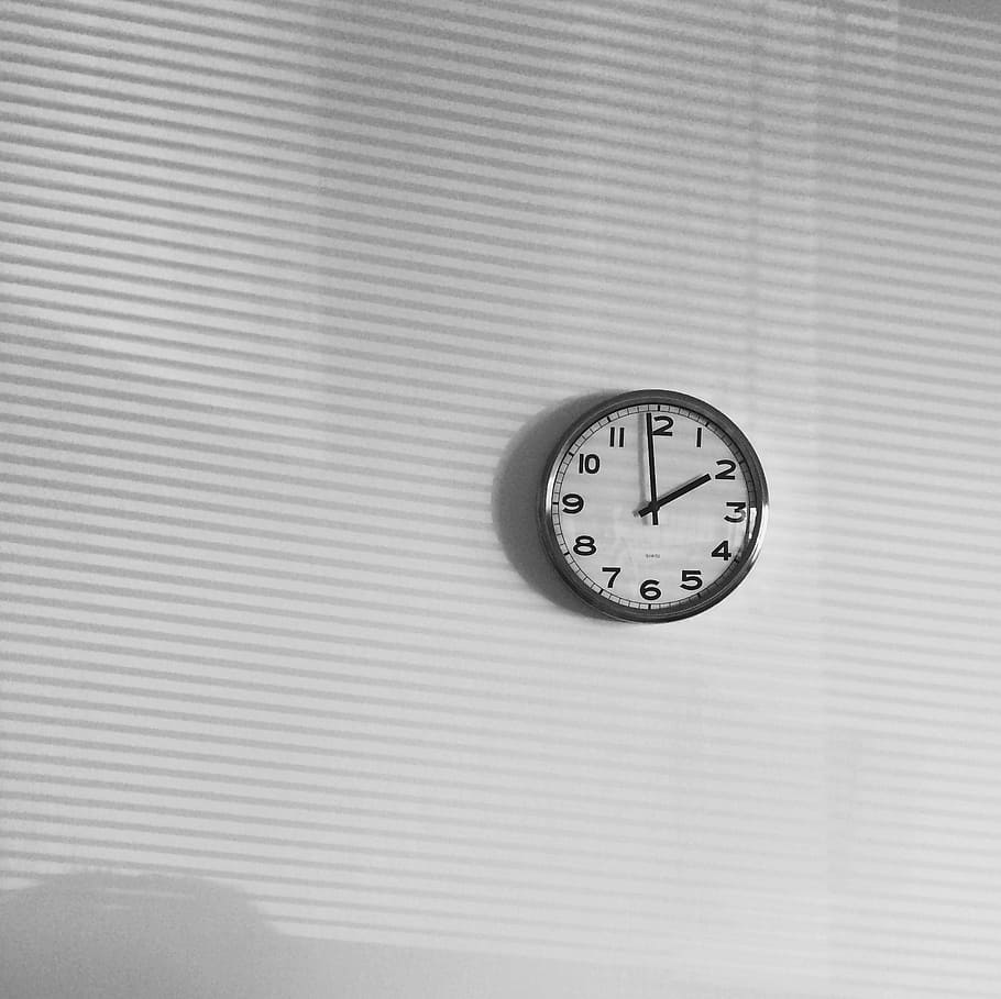 black analog wall clock displaying 1:58, time, white, day, office HD wallpaper