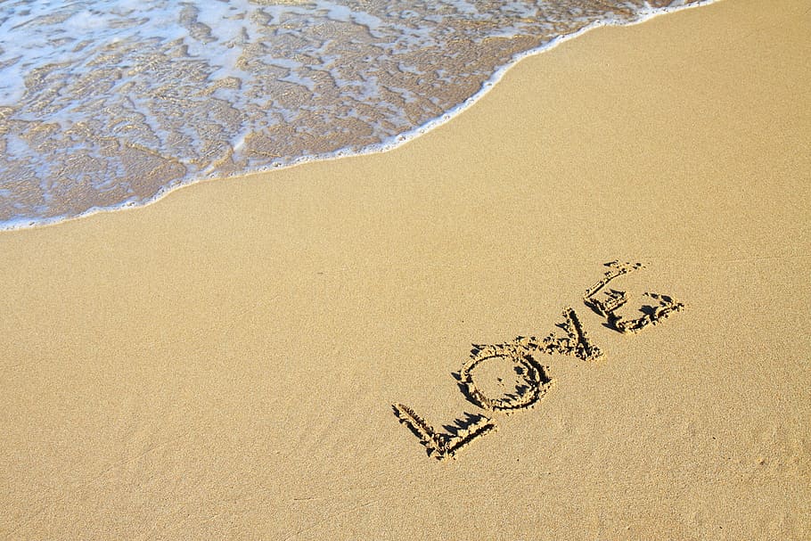 brown sand with love-printed, background, beach, coast, ocean HD wallpaper