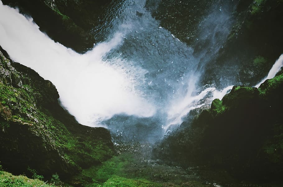 aerial photo of waterfall, aerial shot of waterfalls, view, green HD wallpaper