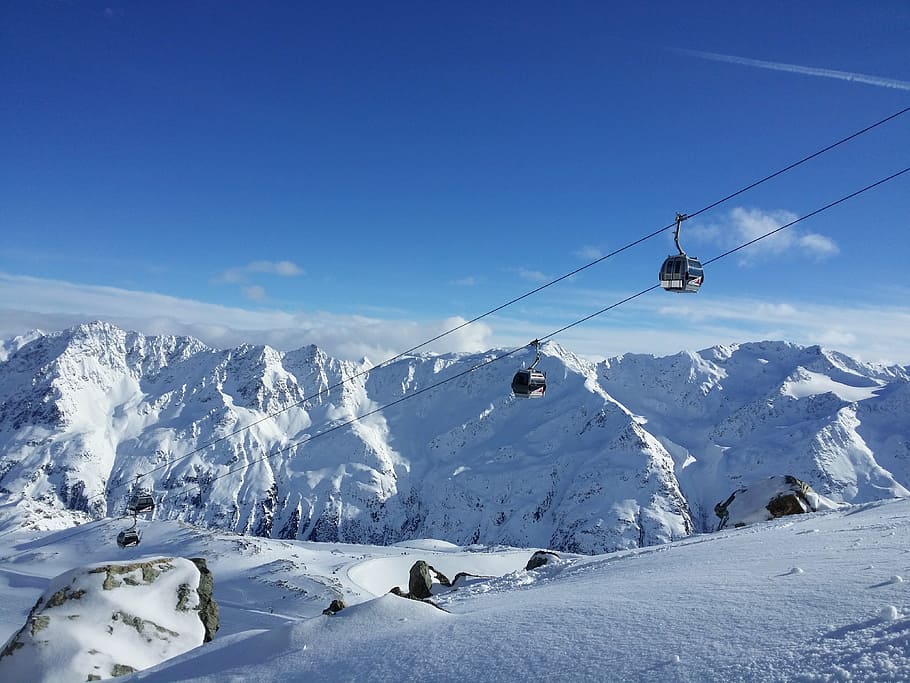 cable cars going down from the mountain, mountains, alpine HD wallpaper