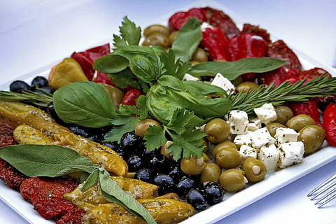 vegetable salad on white tray, buffet, cold plate, appetizing HD wallpaper