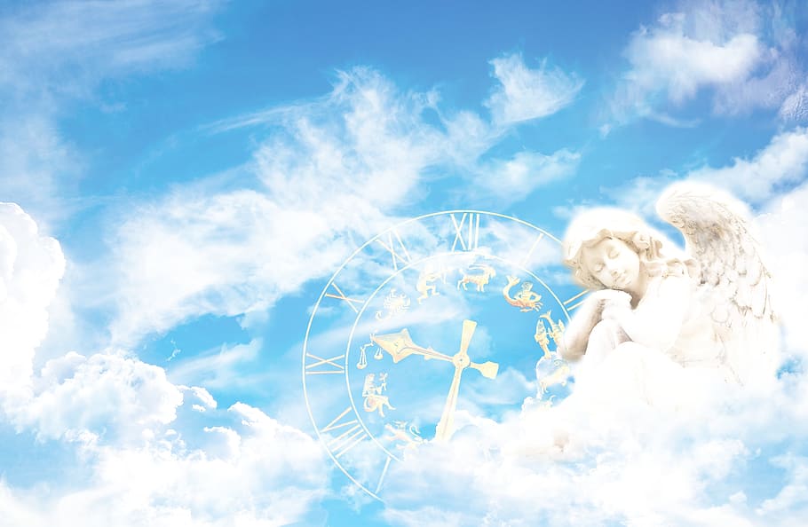 blue sky, white clouds and angel illustration, fantasy, clock