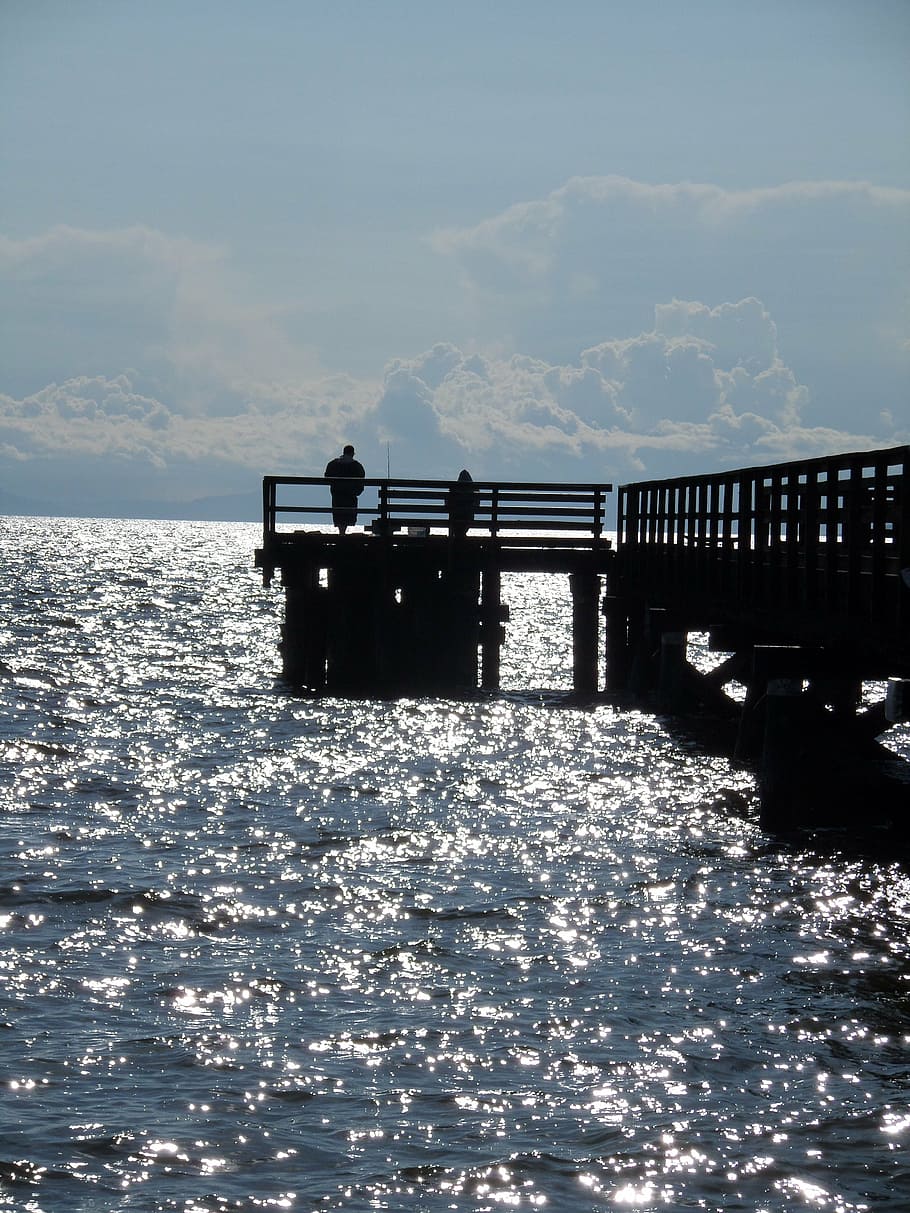pier, angler, fish, web, sunset, water, abendstimmung, waterfront HD wallpaper